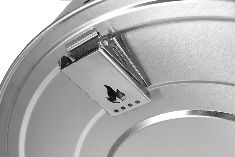 KZ Y fire pit folding leg bracket with flame logo cutout – stainless steel detail KZ Y fire pit folding leg bracket with flame logo cutout – stainless steel detail