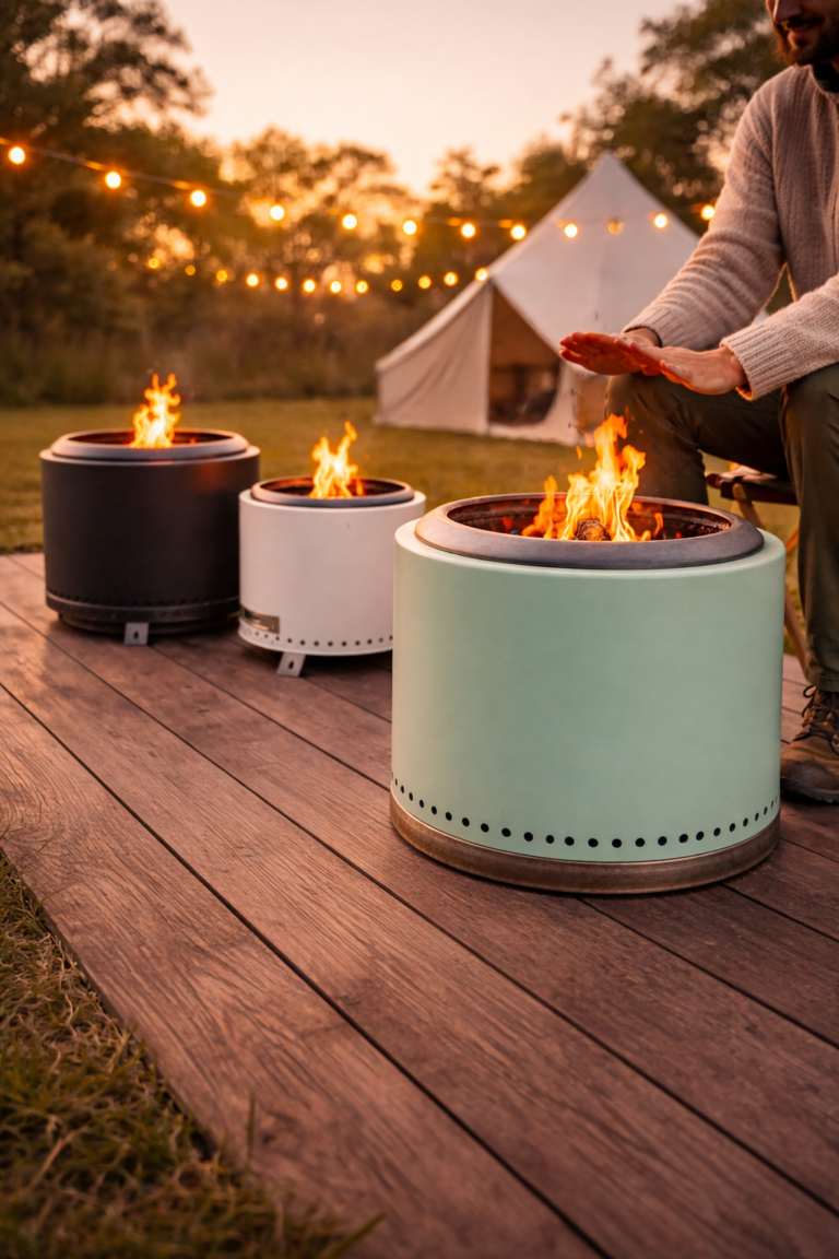 Smokeless fire pits for campsite in Australia creating a clean, modern outdoor experience at a glamping site with tent and evening lighting