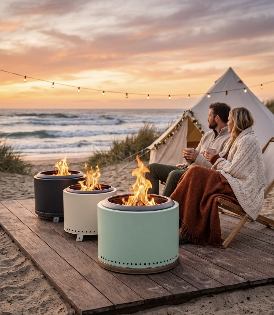 Premium mint,cream,and charcoal smokeless fire pits on a beachfront deck.