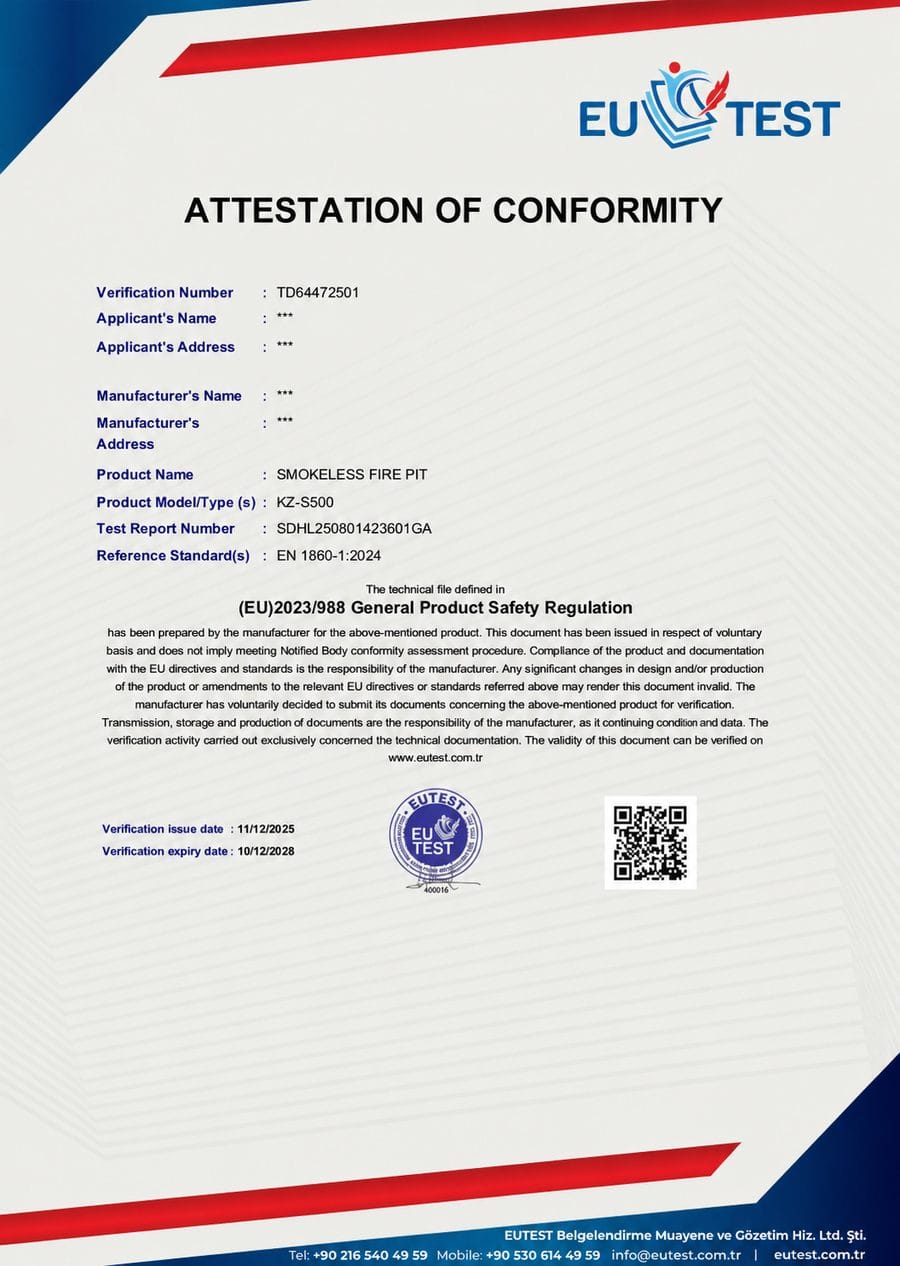 EU TEST Attestation of Conformity — smokeless fire pit certified to EN 1860-1:2024 European General Product Safety Regulation standard