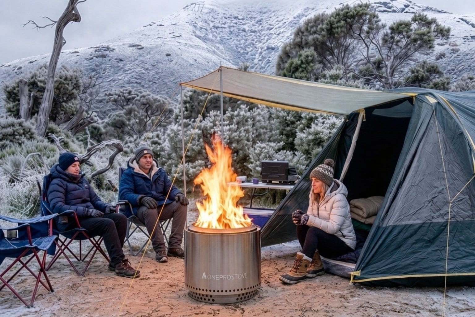 Three people warming around a smokeless fire pit at a winter campsite — tent and snow-covered mountain backdrop