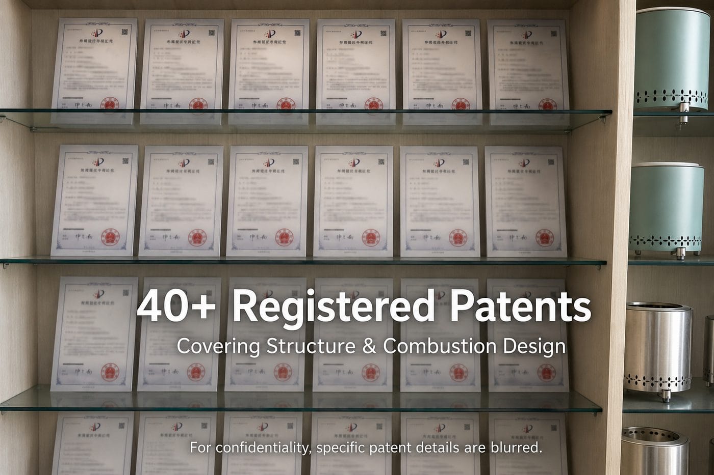 OneProStove 40+ registered patents on display — utility model and invention patents covering smokeless combustion structure and fire pit product design