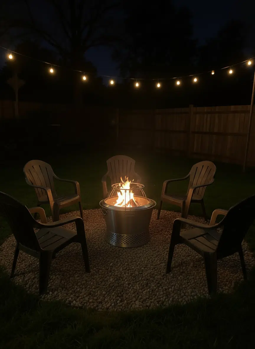Smokeless fire pit glowing at a nighttime outdoor gathering — friends around the fire with no smoke