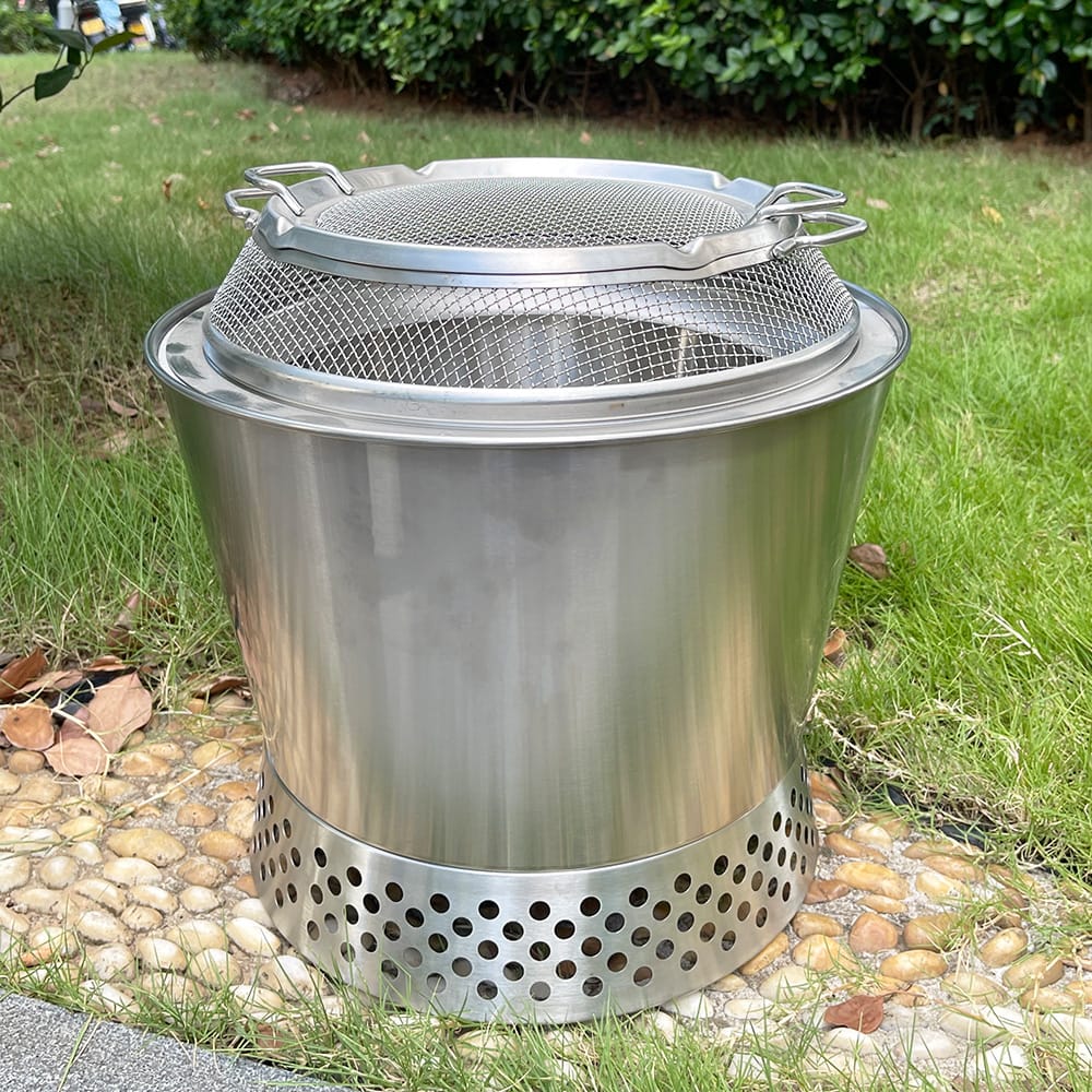 KZ-YS500 conical smokeless fire pit burning outdoors with secondary flame ring visible — wholesale alternative to Solo Stove