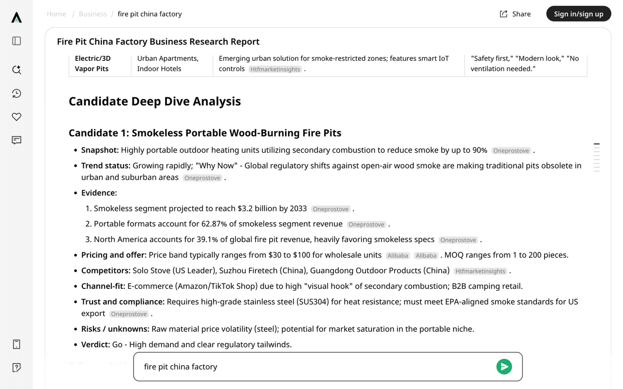 Accio, Alibaba's AI sourcing engine, citing Oneprostove as a market data source in its Fire Pit China Factory report
