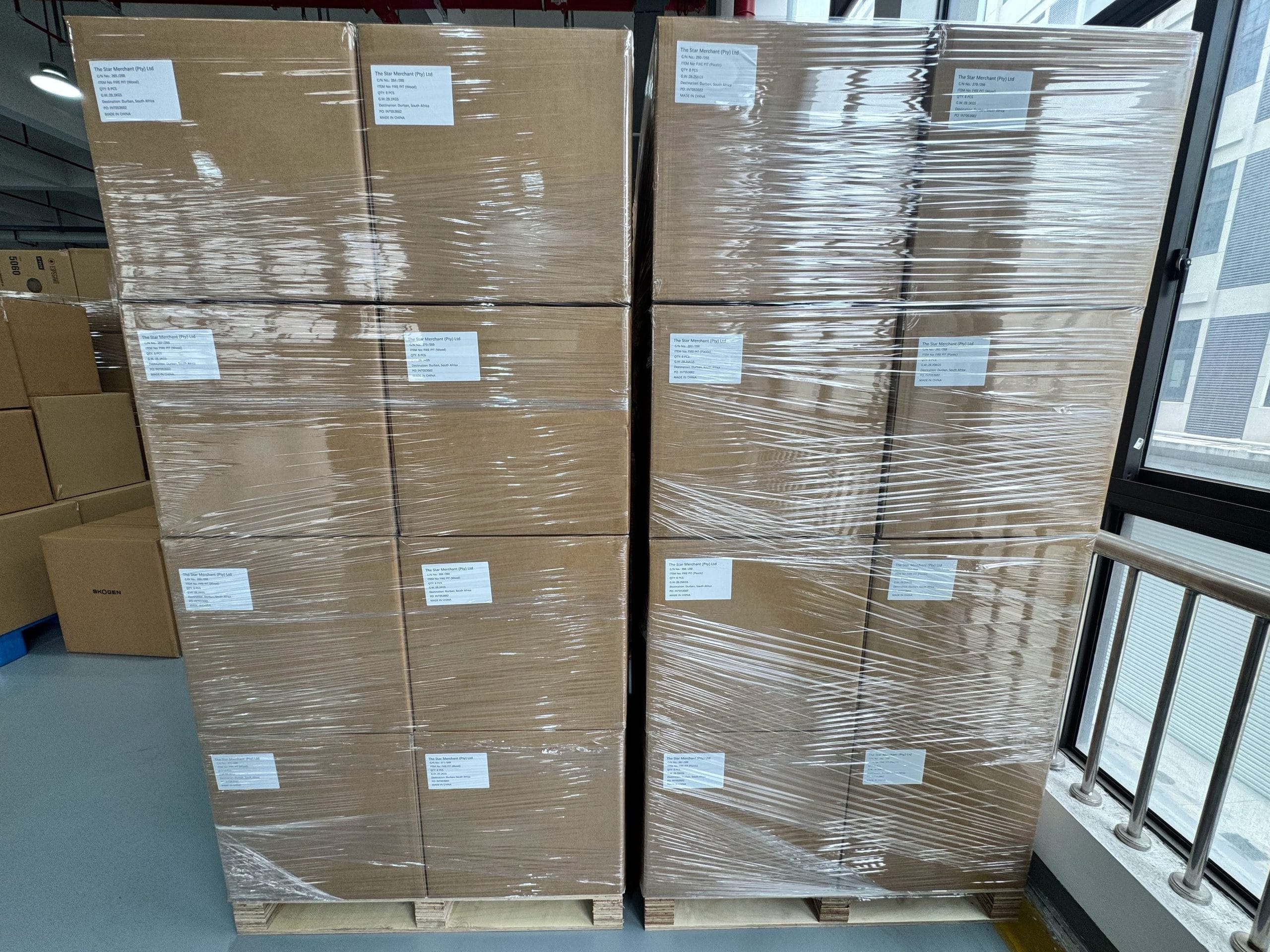 drop tested export packaging for fire pit — palletized, inner and outer six-ply corrugated cartons