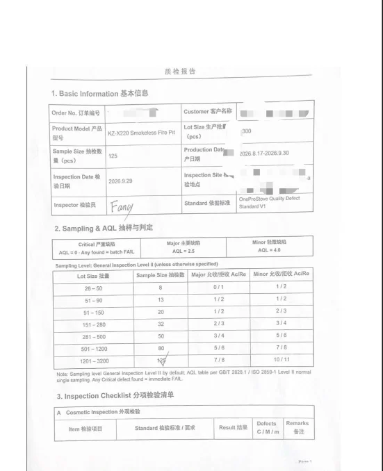 Inspection report, KZ-X220 Smokeless Fire Pit