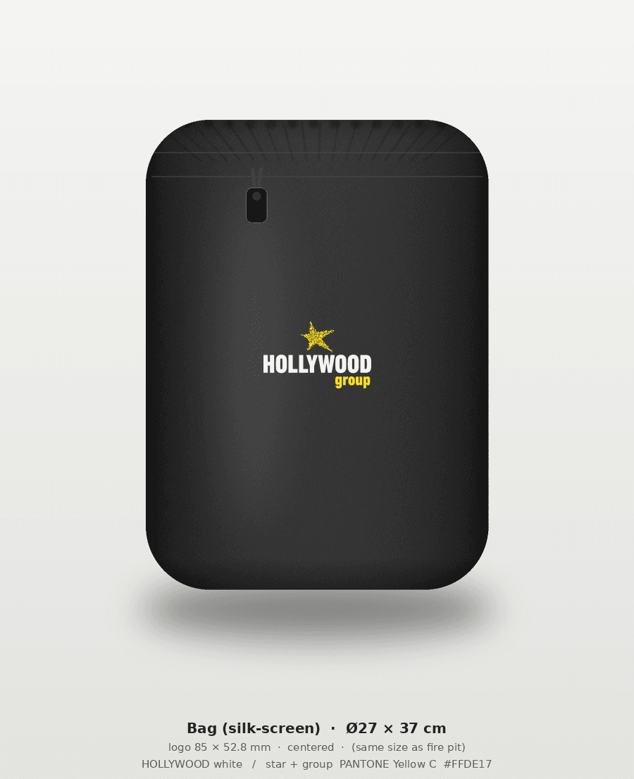 Fire pit design render — silk-screen logo artwork on carry bag